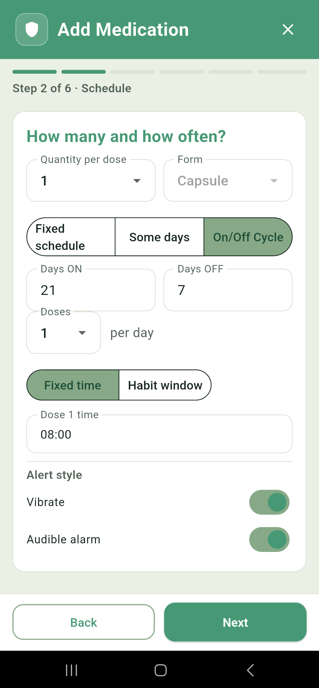 The On/Off Cycle recurrence option, with days-on and days-off fields