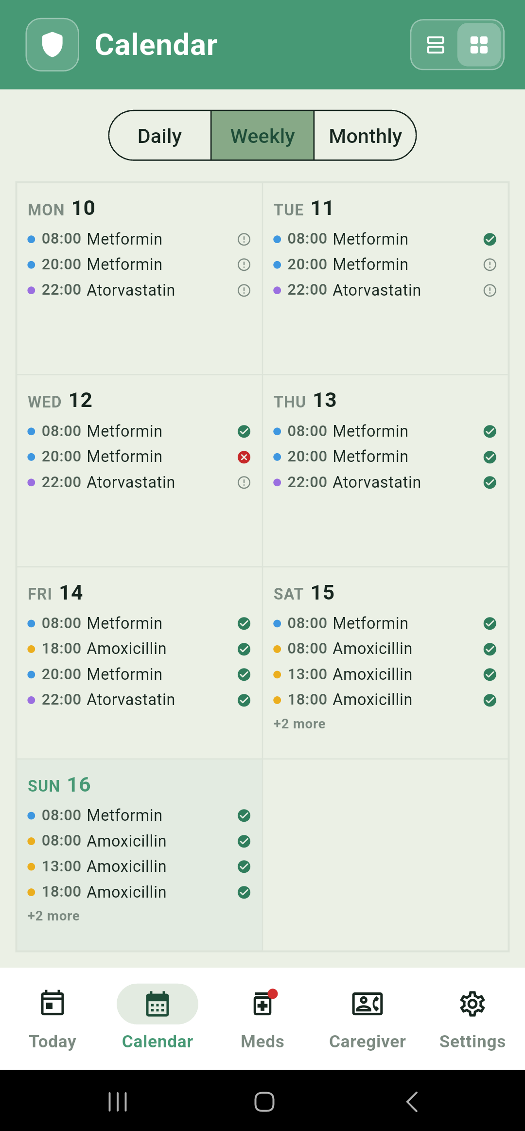 Calendar weekly grid view